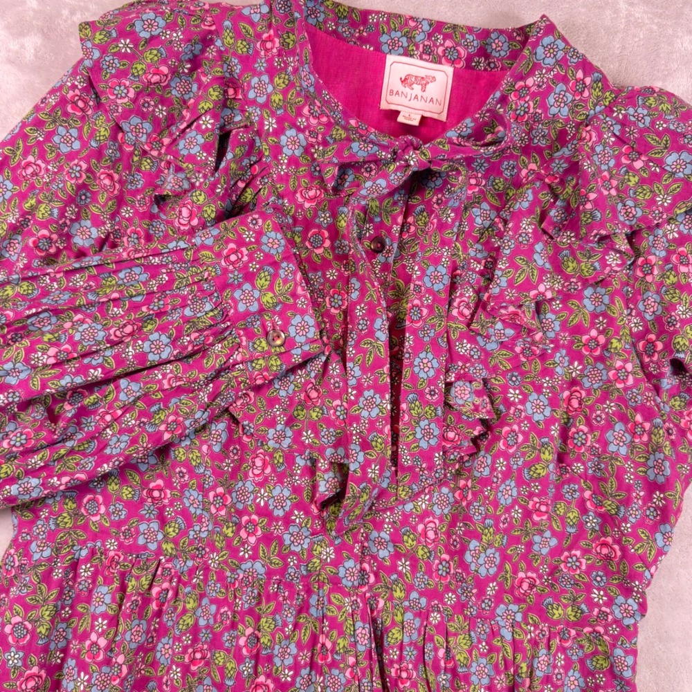 Banjanan Floral Cotton Ruffle Bib Long Sleeve Mini Dress Womens Size M